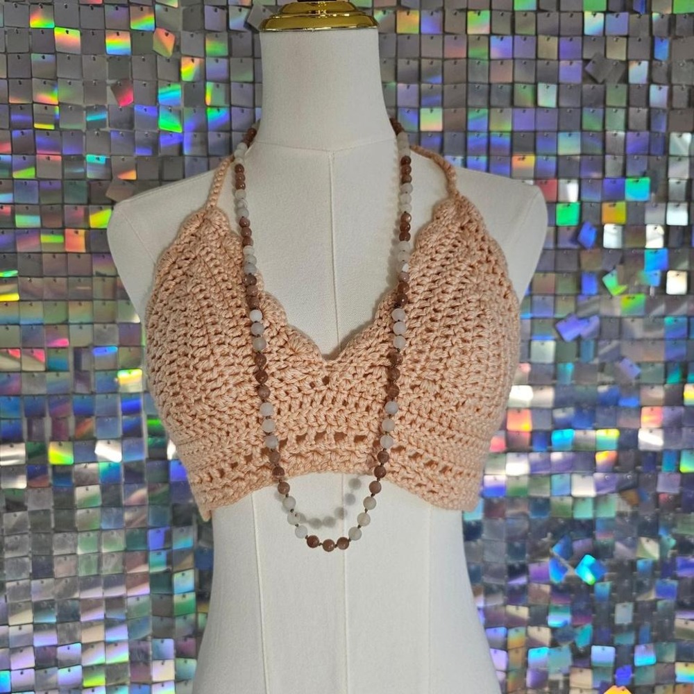 Knit Crochet Halter Top Summer Peach Beachy Boho Festival Rave Scalloped - Picture 2 of 5